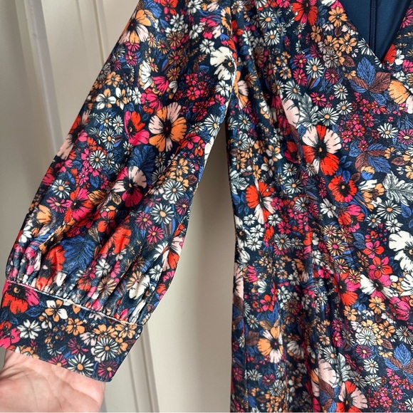 Sage Multicolored Velvet Floral Short Puffy Sleeve 3 Front Buttons Shift Dress S - Picture 10 of 16